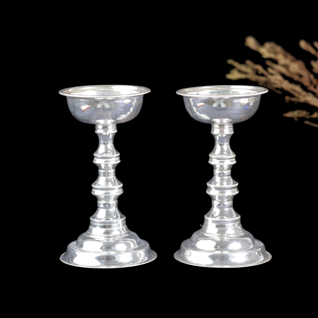 Silver Traditional Deepam Set – Classic Silver Oil Lamps for Pooja