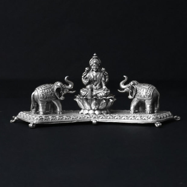Traditional Silver Lakshmi Idol with Elephant Decorative Tray