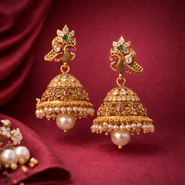 916 Hallmarked Gold Fancy Pearl Jhumkas