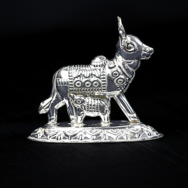 Silver Kamadhenu Cow with Calf Idol – Symbol of Prosperity & Divine Blessings