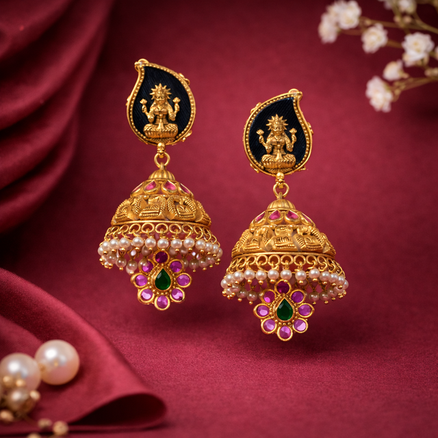 916 Hallmarked Gold Lakshmi Stone Jhumkas