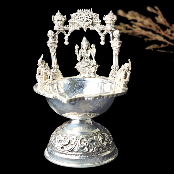 Antique Silver Deepam – Goddess Lakshmi & Elephant Design