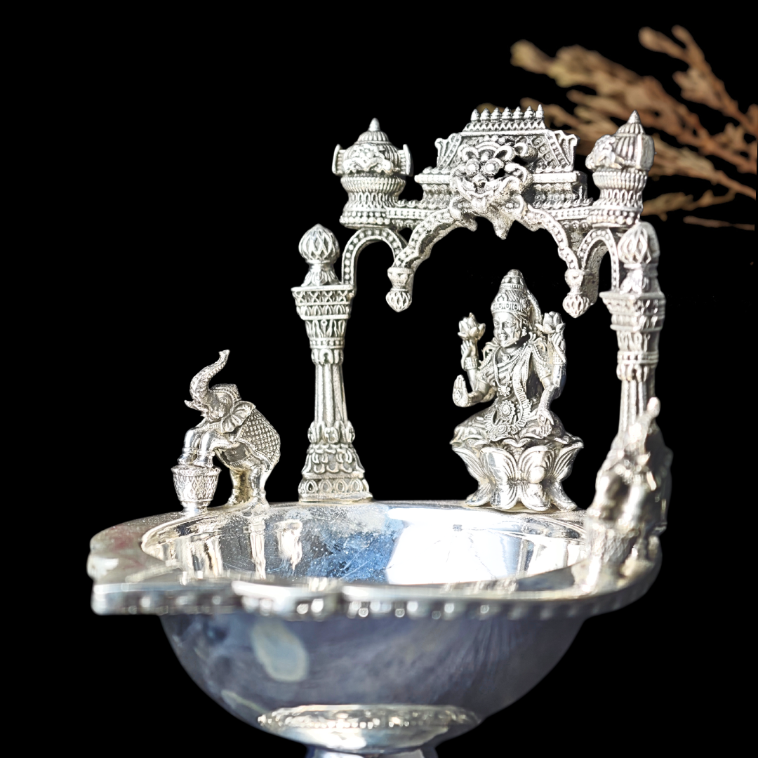 Antique Silver Deepam – Goddess Lakshmi & Elephant Design