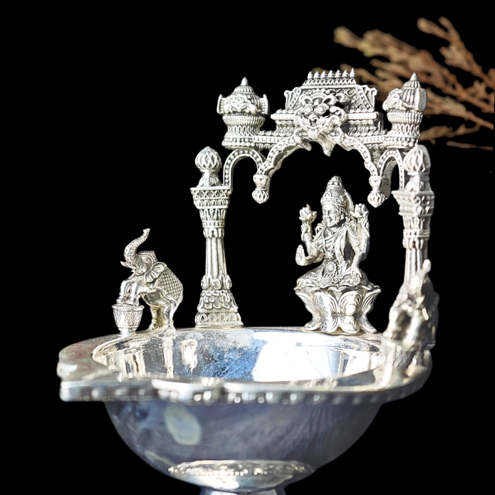 Antique Silver Deepam – Goddess Lakshmi & Elephant Design