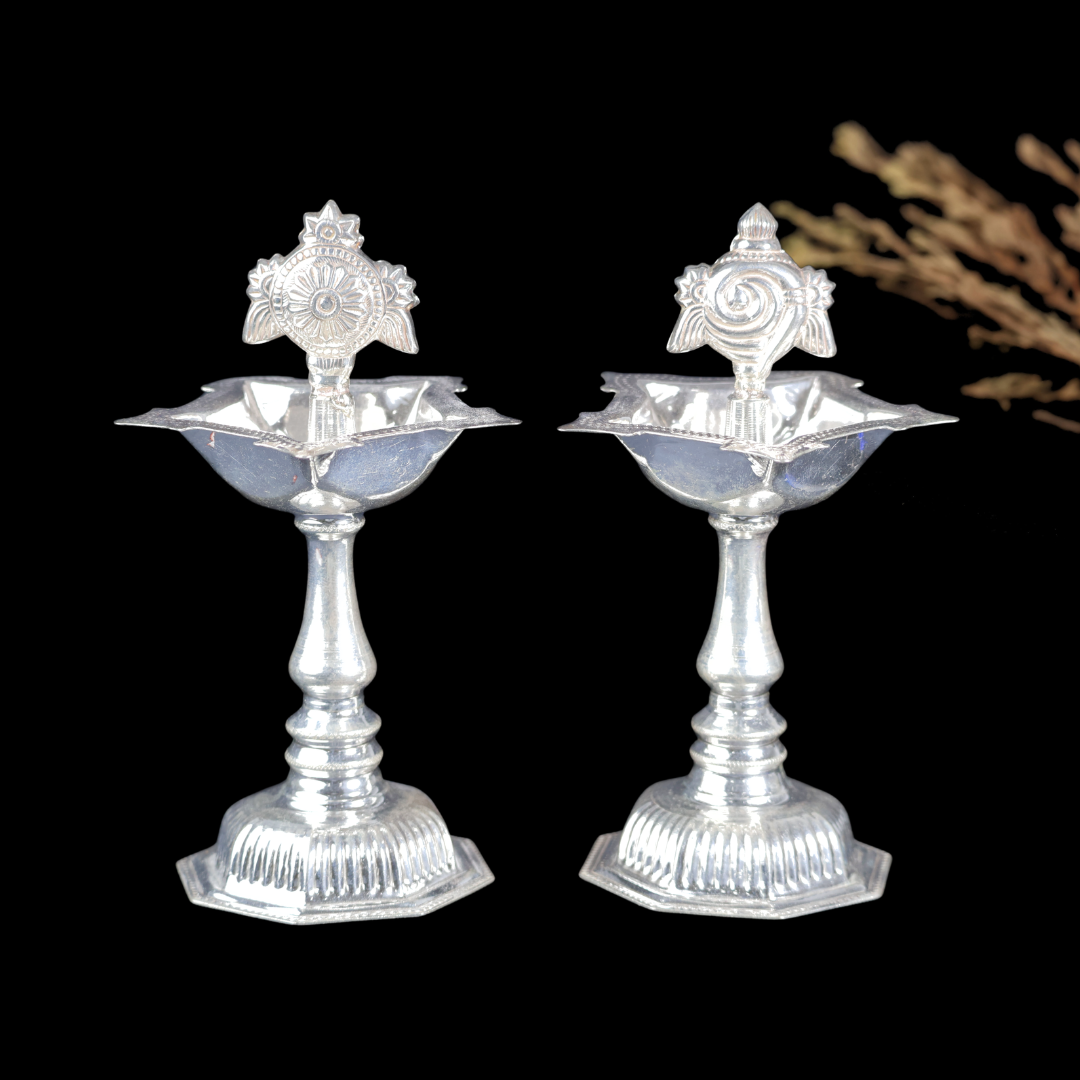 Silver Deepam Set – Traditional Silver Oil Lamps for Pooja