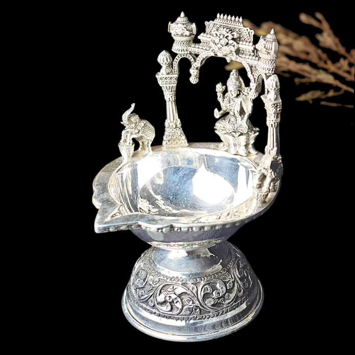 Antique Silver Deepam – Goddess Lakshmi & Elephant Design