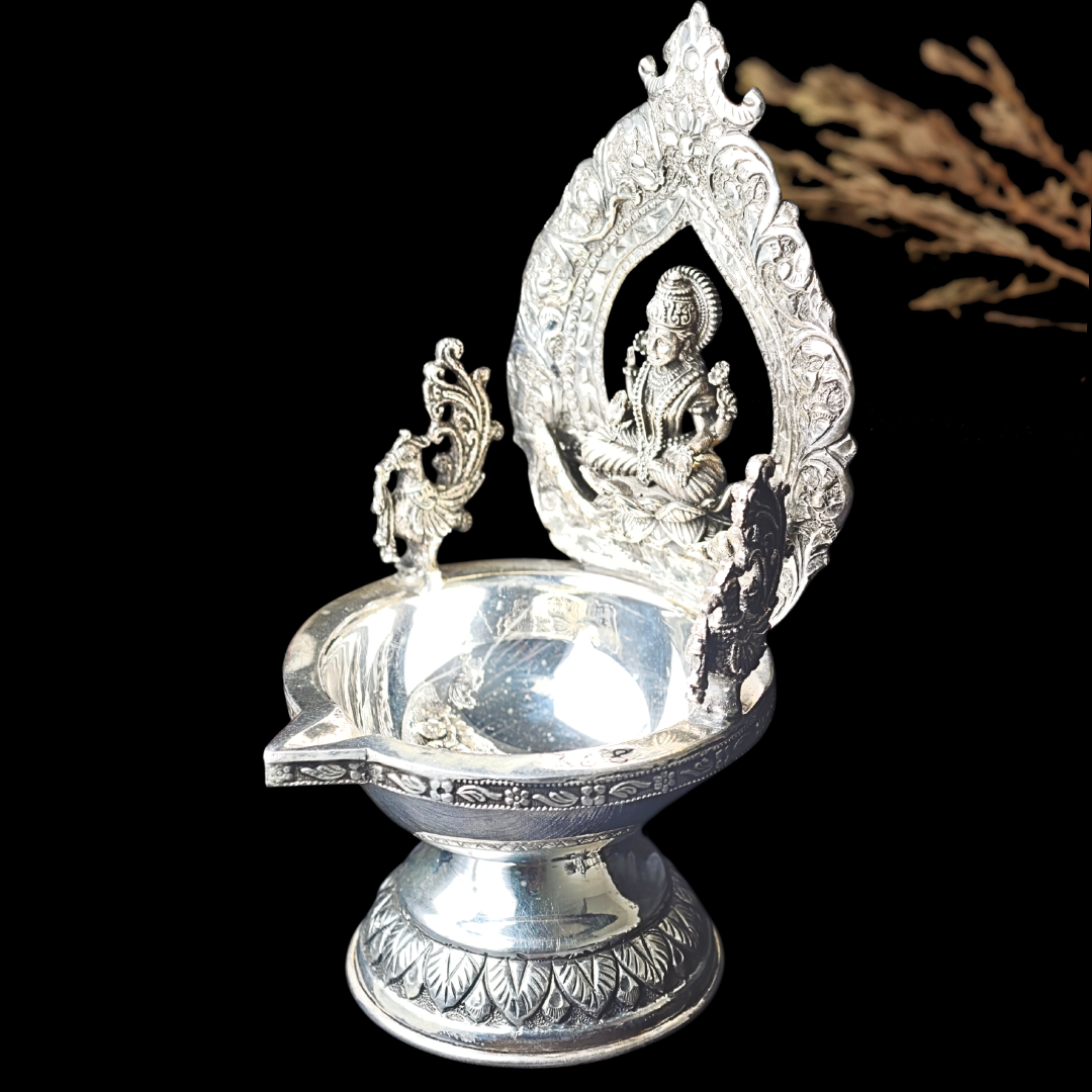 Antique Silver Deepam – Goddess Lakshmi Design