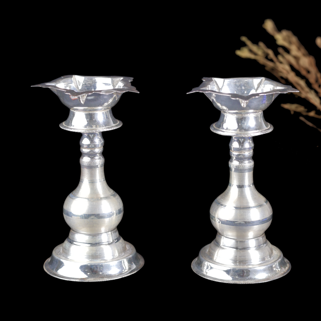 Silver Plain Deepam Set – Traditional Silver Oil Lamps for Pooja