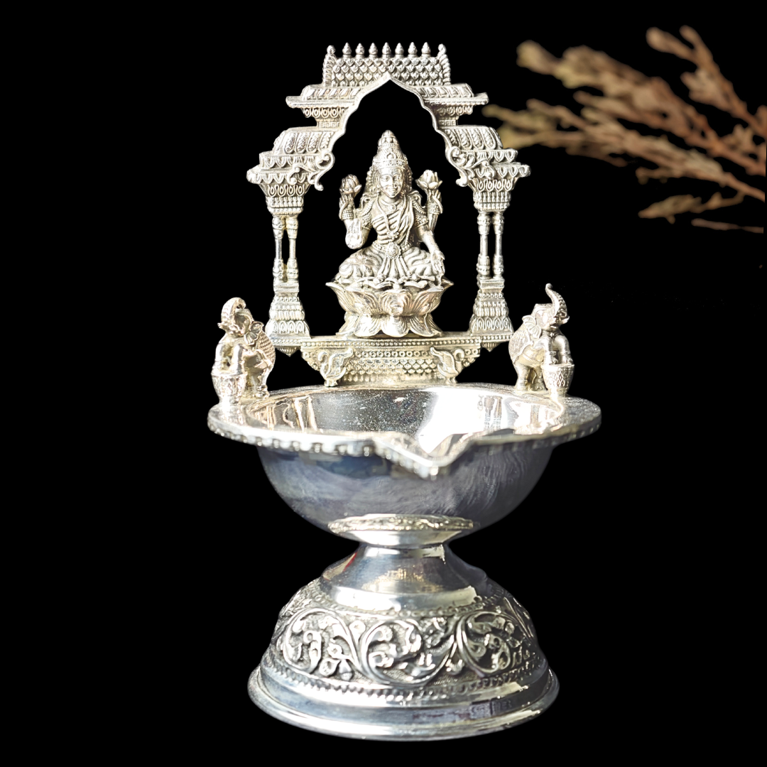 Antique Silver Deepam – Goddess Lakshmi & Elephant Design