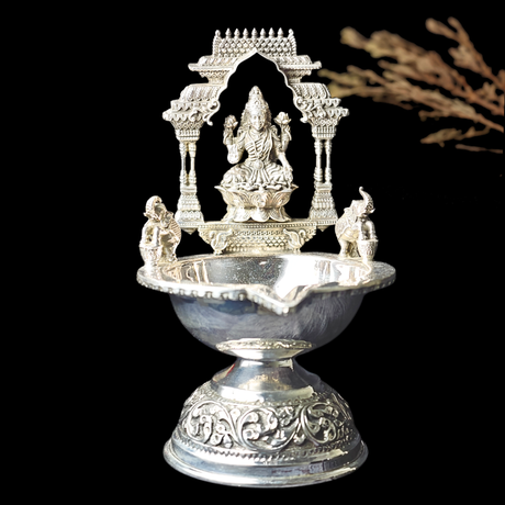 Antique Silver Deepam – Goddess Lakshmi & Elephant Design