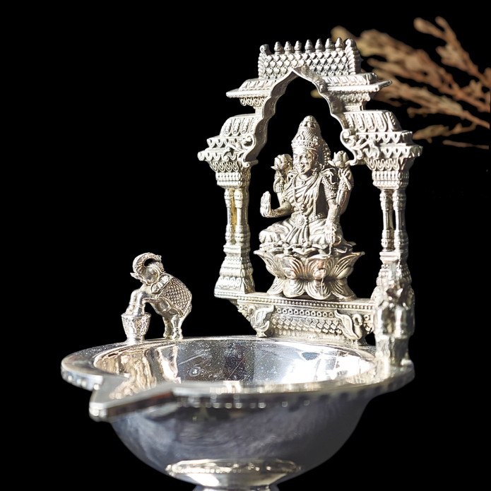 Antique Silver Deepam – Goddess Lakshmi & Elephant Design