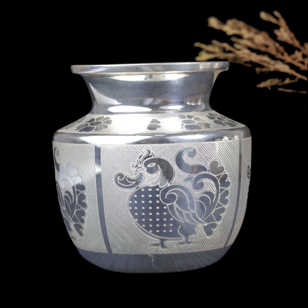 Silver Peacock Nakshi Chambu – Traditional Silver Kalash for Pooja