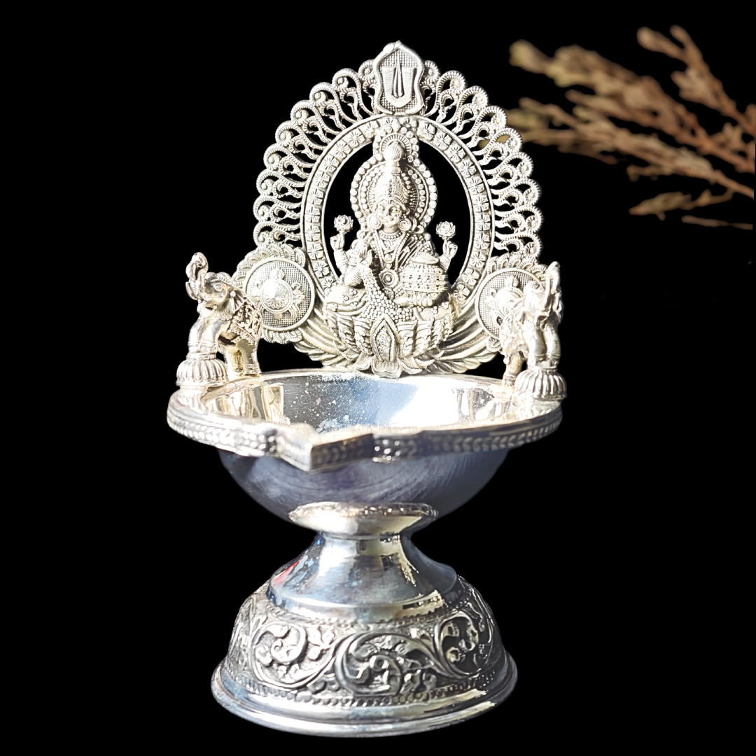 Antique Silver Deepam – Goddess Lakshmi with Elephant Design