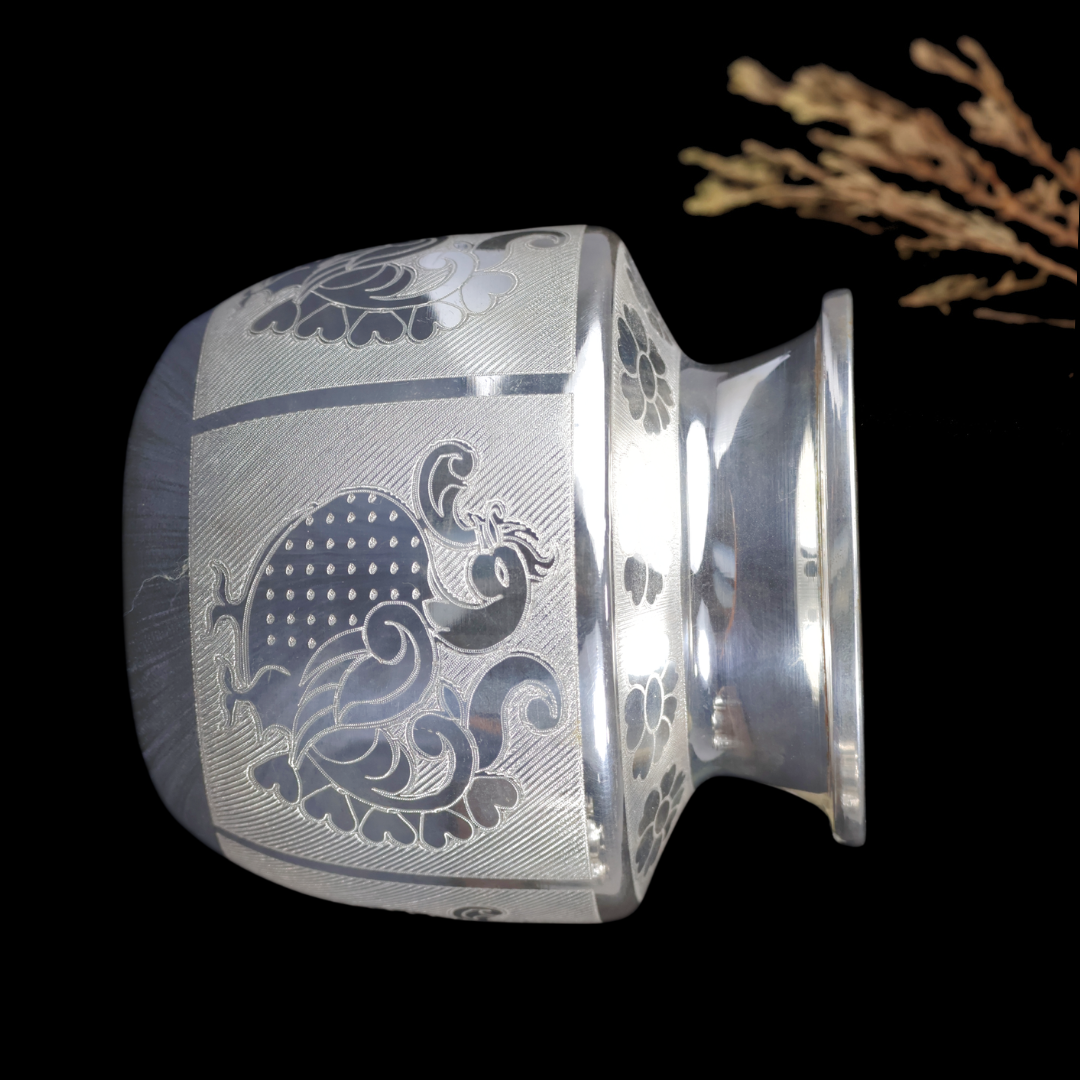 Silver Peacock Nakshi Chambu – Traditional Silver Kalash for Pooja
