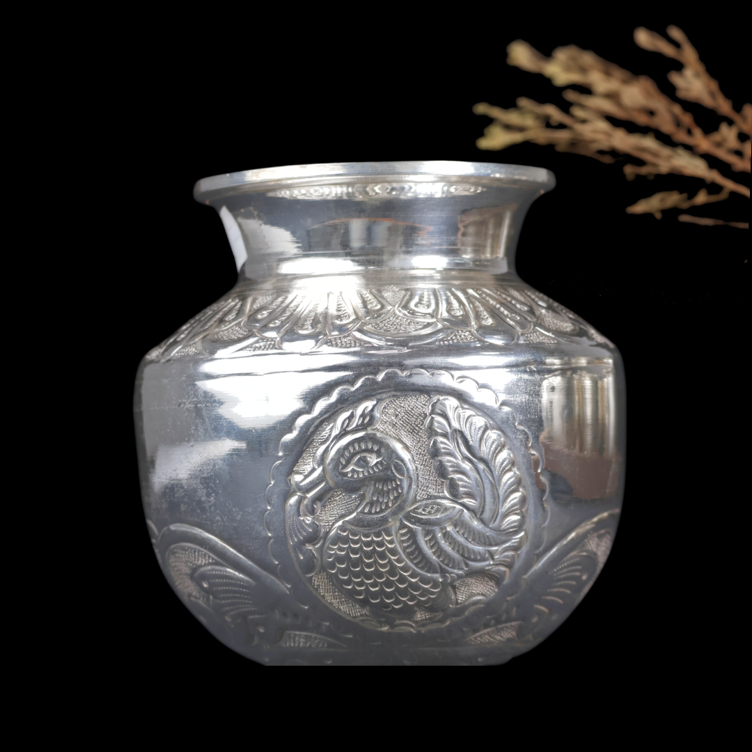 Silver Peacock Chambu – Traditional Silver Kalash for Pooja