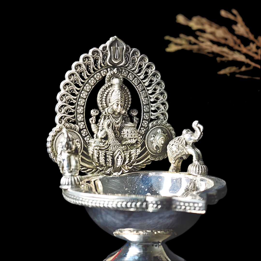 Antique Silver Deepam – Goddess Lakshmi with Elephant Design