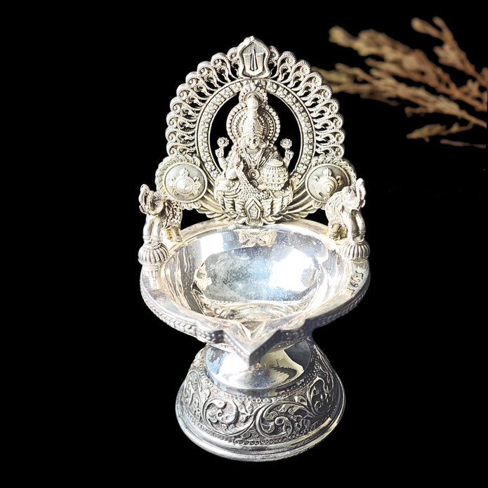 Antique Silver Deepam – Goddess Lakshmi with Elephant Design