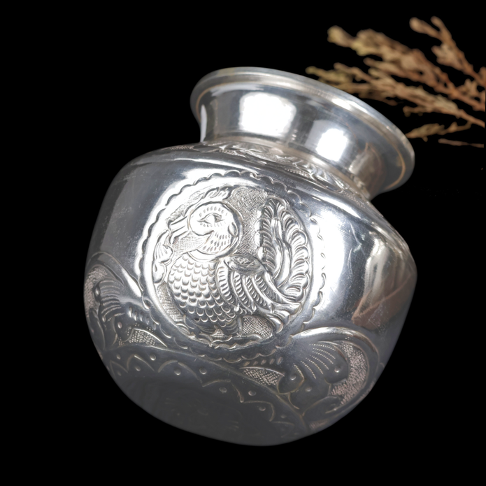 Silver Peacock Chambu – Traditional Silver Kalash for Pooja
