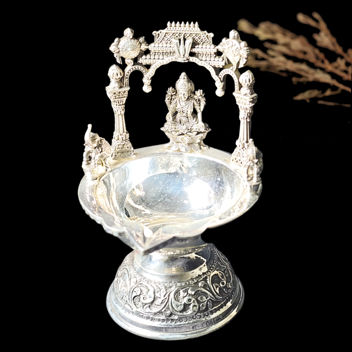 Antique Silver Deepam – Goddess Lakshmi with Ornamental Arch