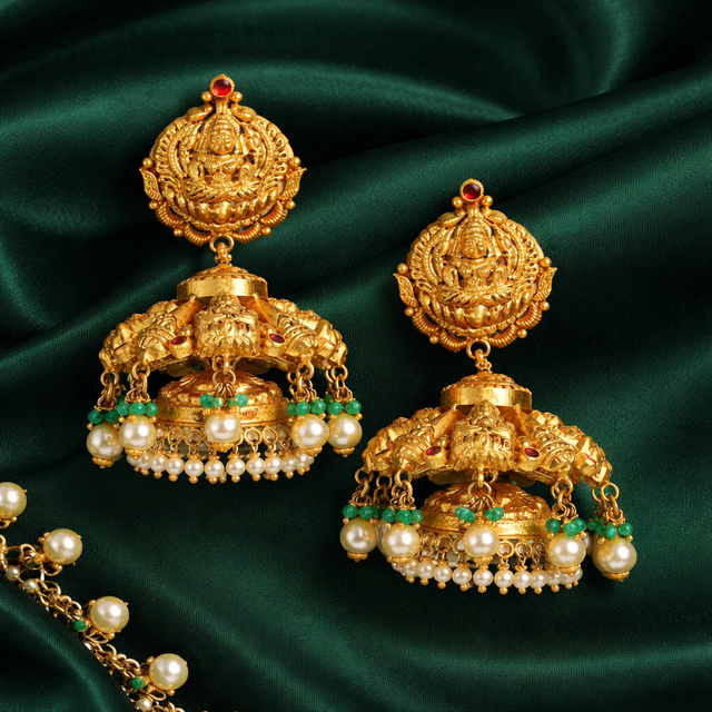 916 Hallmarked Gold Temple Pearl Jhumkas