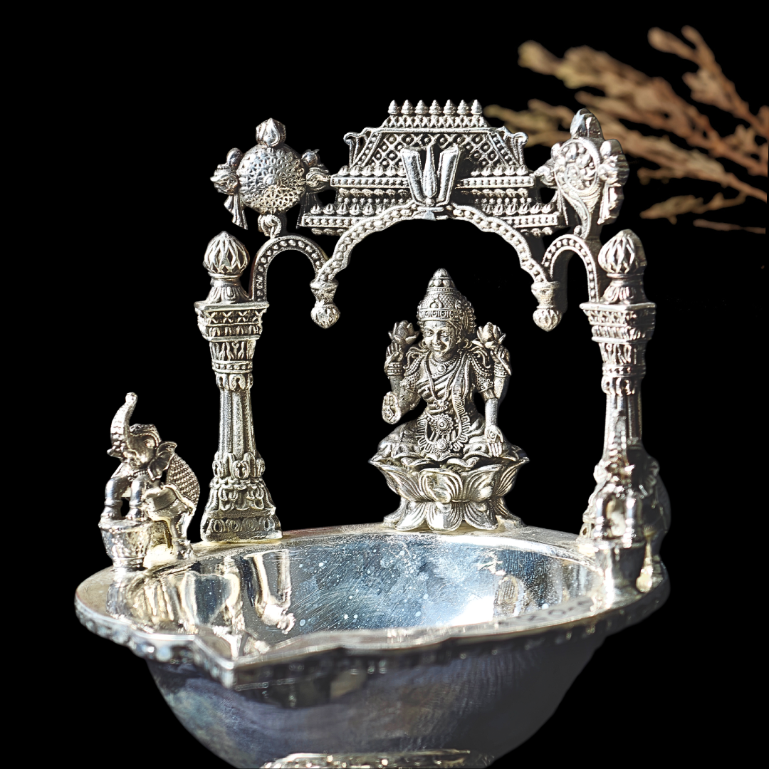 Antique Silver Deepam – Goddess Lakshmi with Ornamental Arch