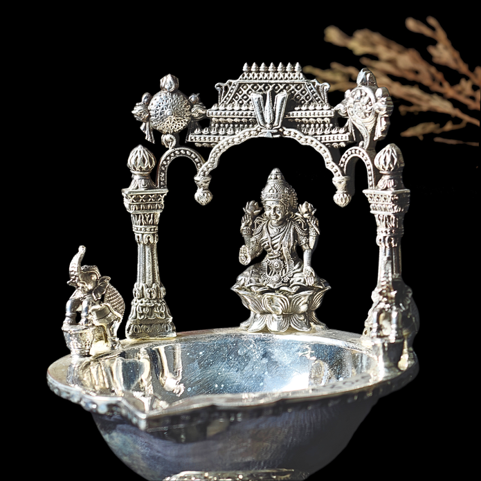 Antique Silver Deepam – Goddess Lakshmi with Ornamental Arch