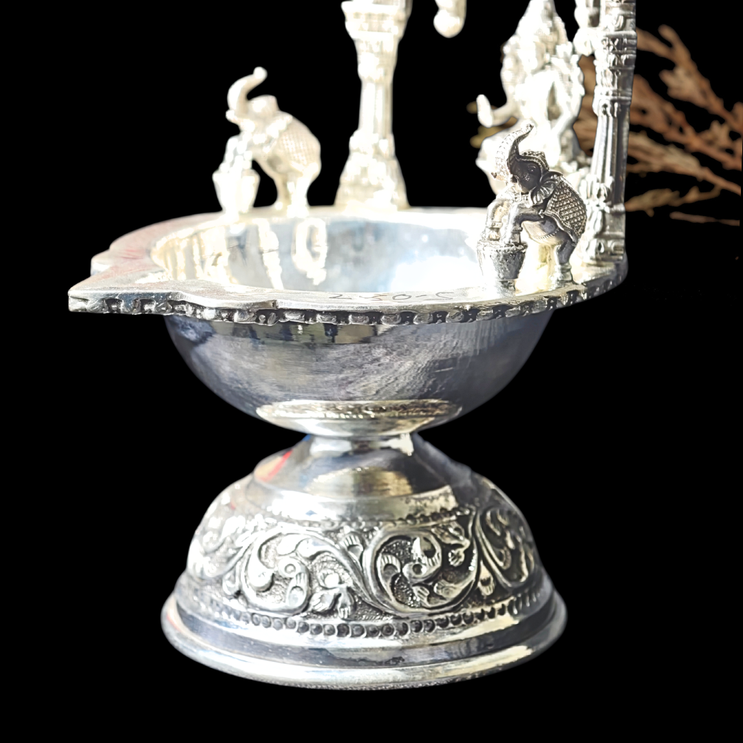 Antique Silver Deepam – Goddess Lakshmi with Ornamental Arch