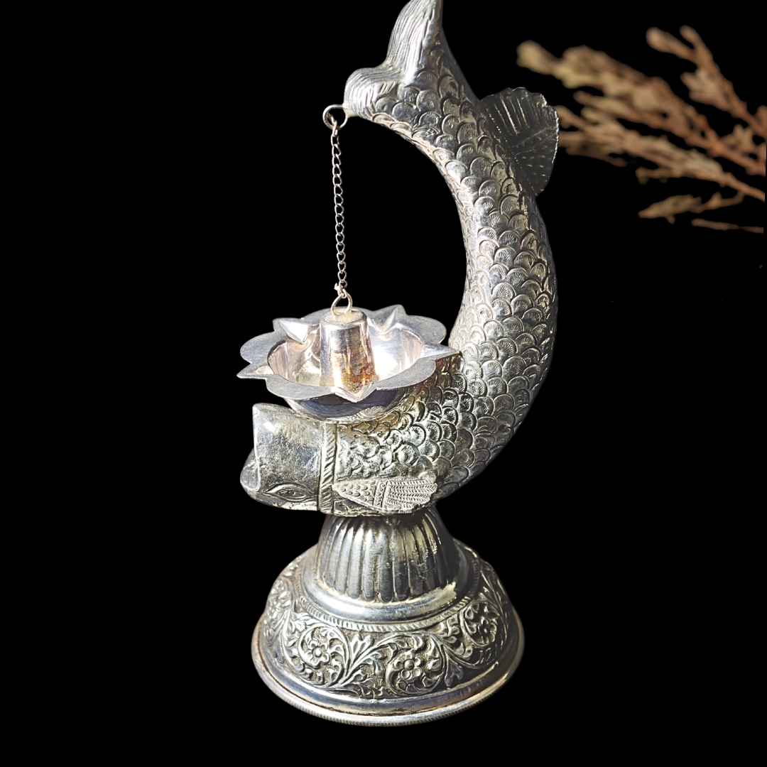 Silver Peacock Deepam – Traditional Design