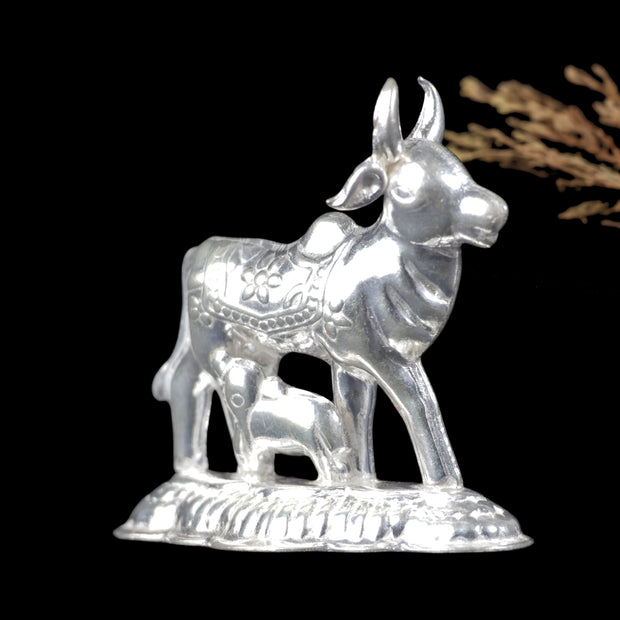Silver Kamadhenu Cow with Calf Idol – Symbol of Prosperity & Divine Blessings