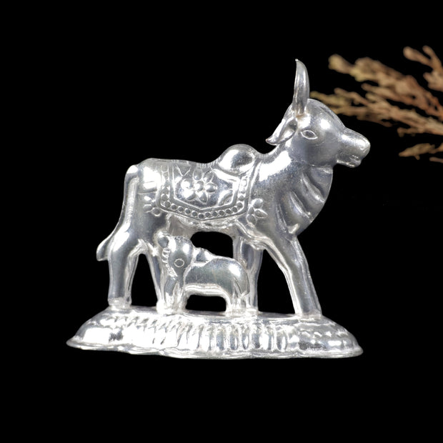 Silver Kamadhenu Cow with Calf Idol – Symbol of Prosperity & Divine Blessings