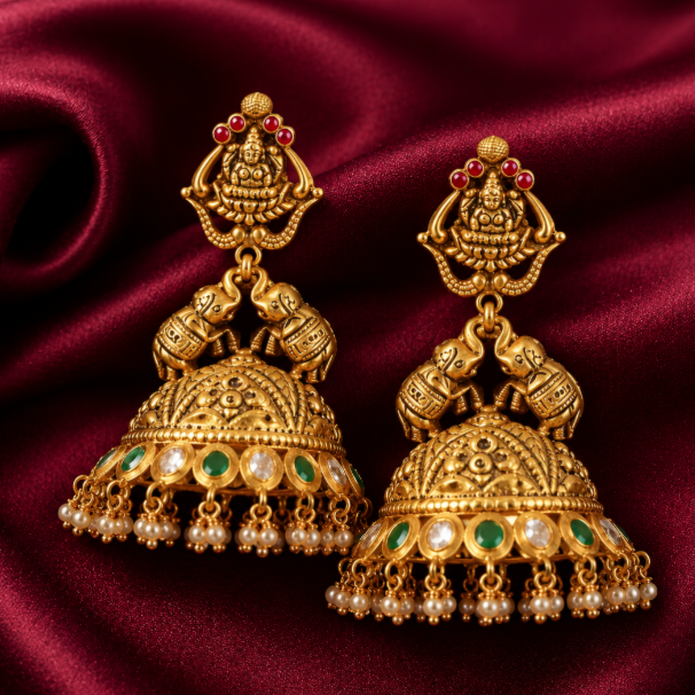916 Hallmarked Gold Lakshmi Jhumka Earrings ()