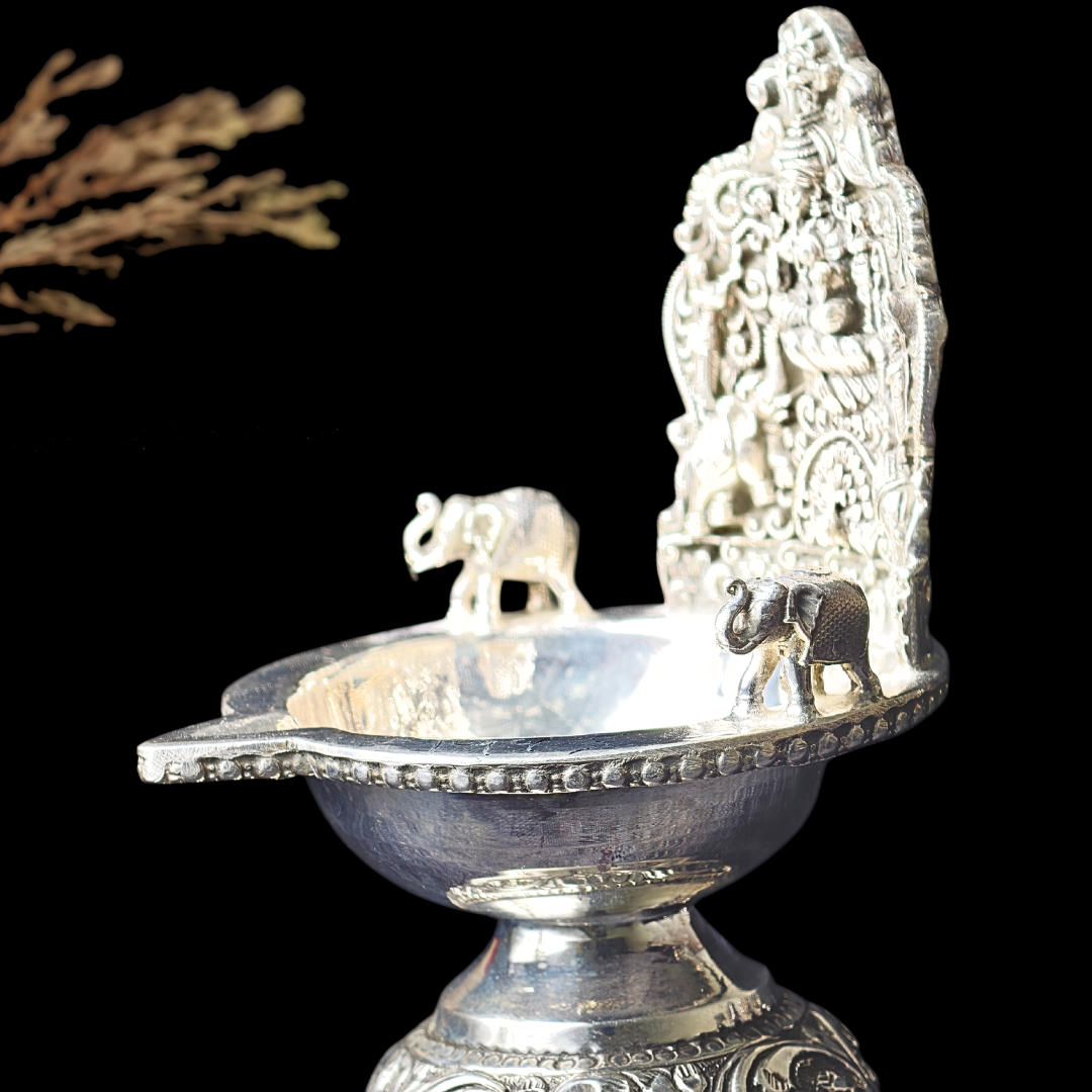 Antique Silver Deepam – Ornate Vishnu  Design