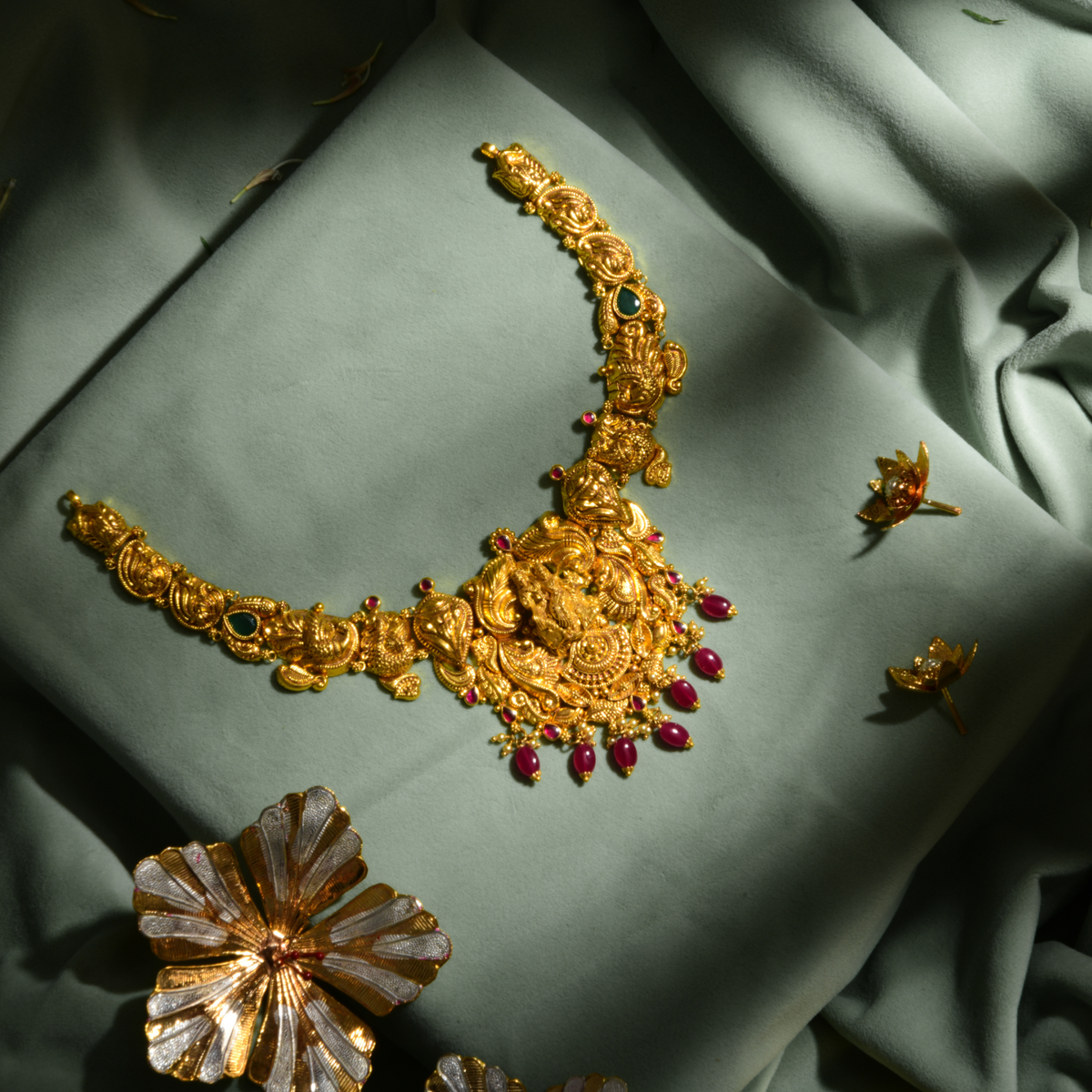 Antique gold temple necklace with Goddess Lakshmi pendant