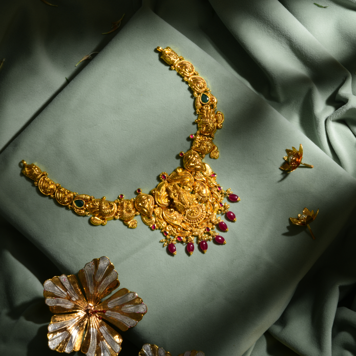 Antique gold temple necklace with Goddess Lakshmi pendant