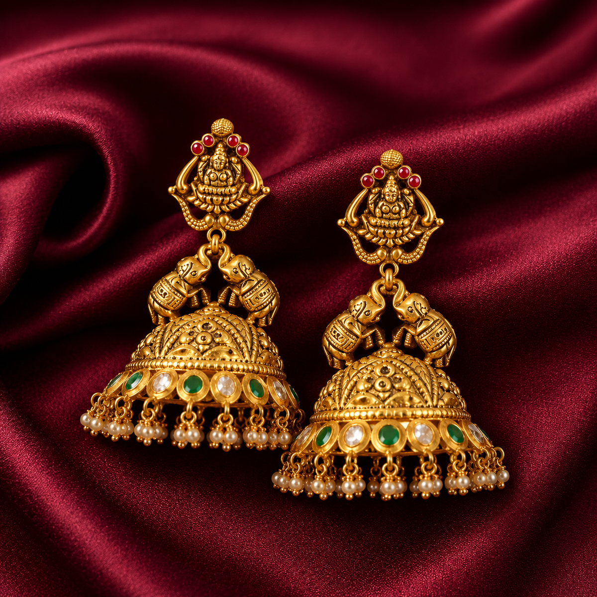 916 Hallmarked Gold Antique Lakshmi Jhumka Earrings