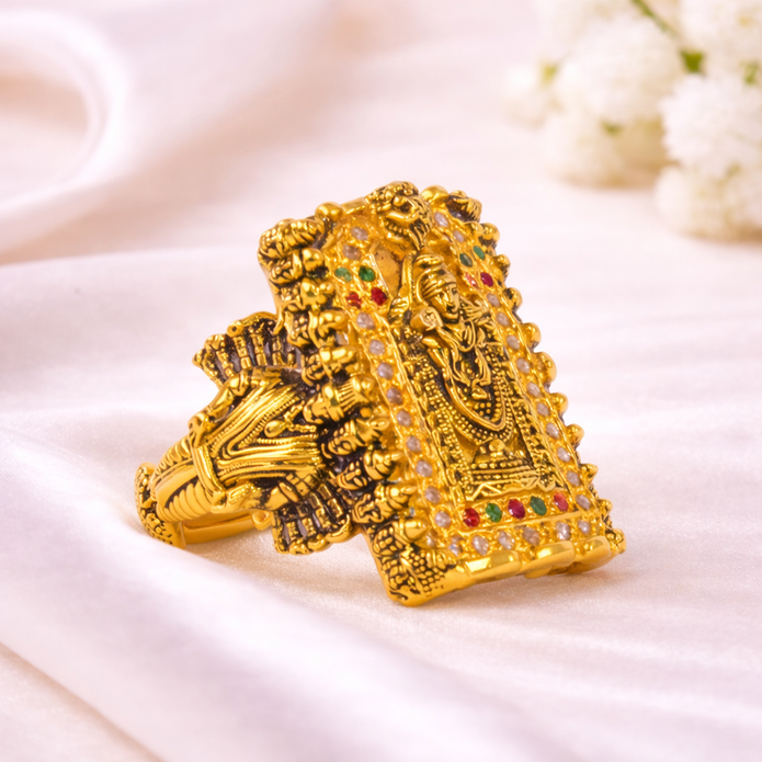 Balaji Temple Gold Gents Ring with Lord Venkateswara design and gemstone detailing