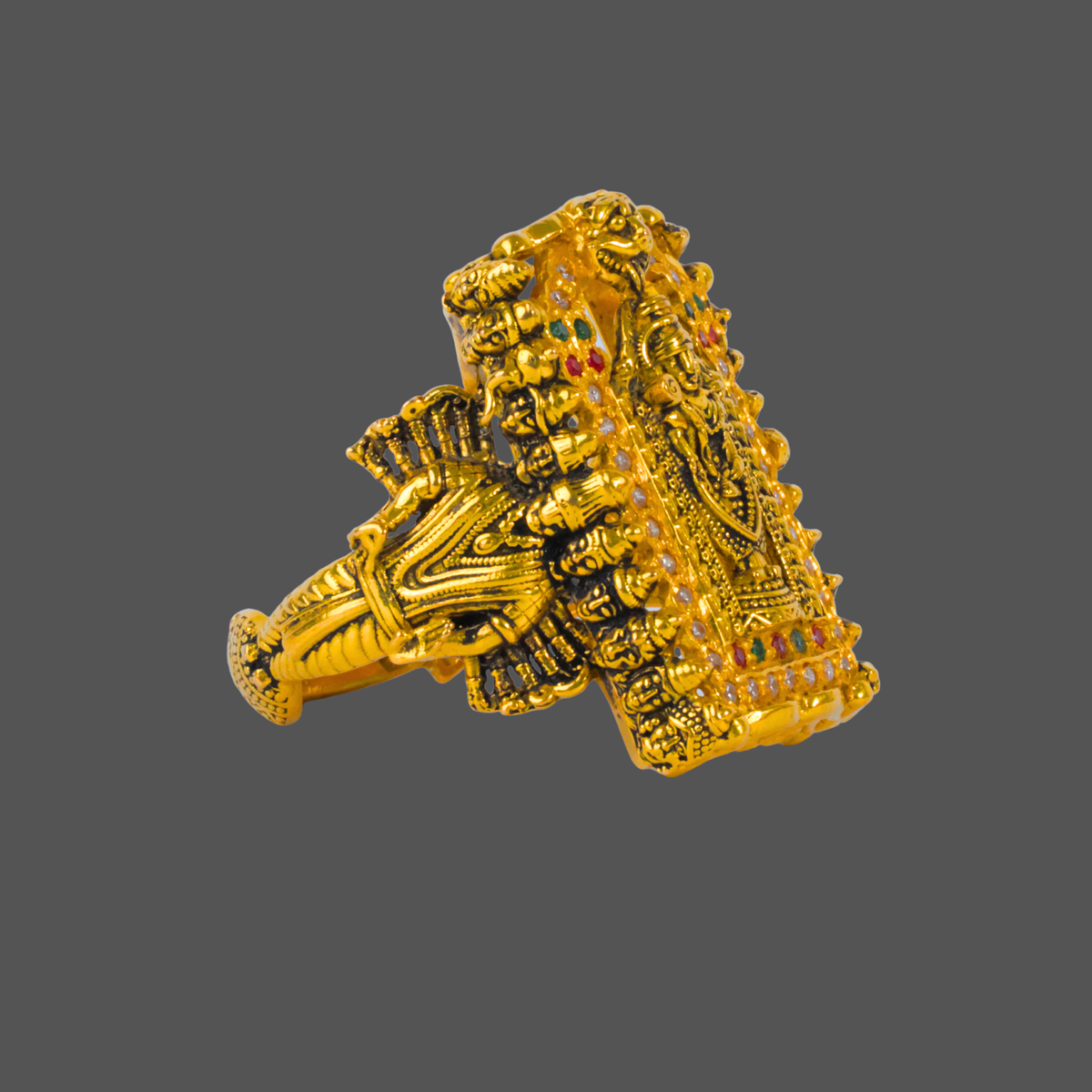 Balaji Temple Gold Gents Ring with Lord Venkateswara design and gemstone detailing