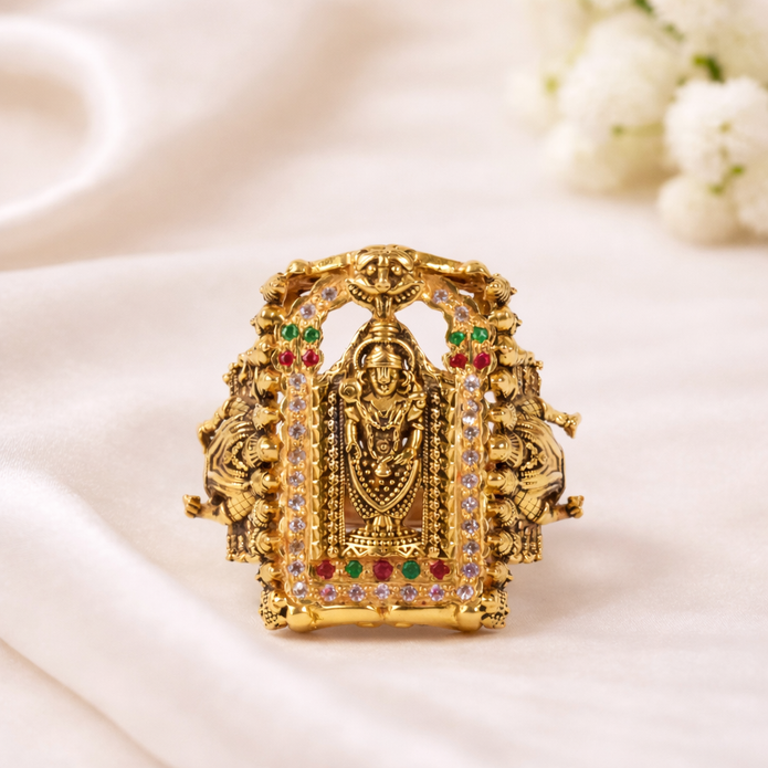Balaji Temple Gold Gents Ring with Lord Venkateswara design and gemstone detailing