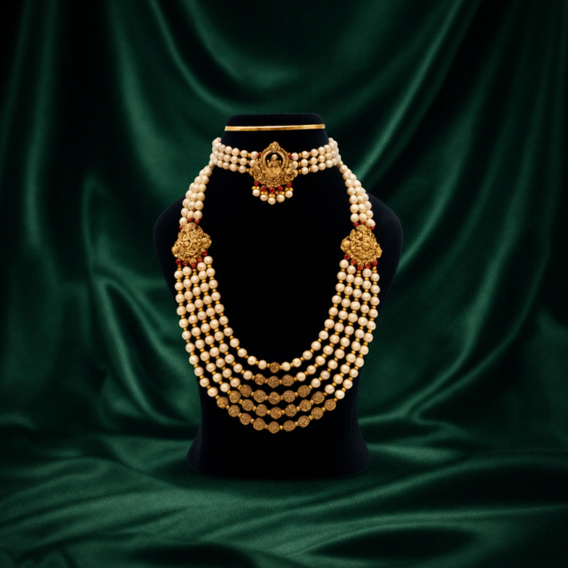 916 Hallmarked Gold Temple Pearl Short & Long Necklace Set