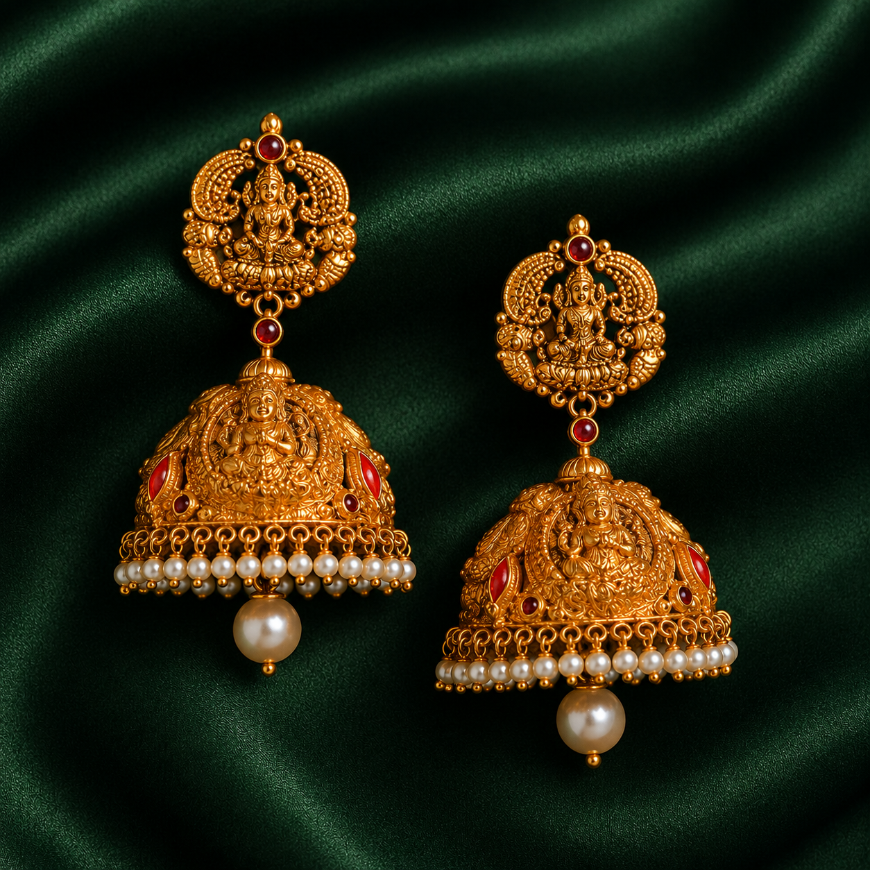 Gold Antique Lakshmi Temple Jhumka Earrings