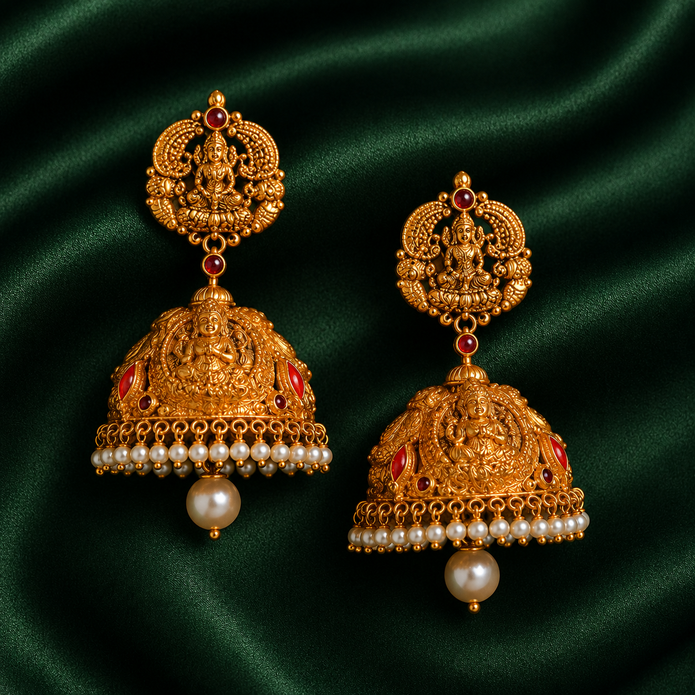 Gold Antique Lakshmi Temple Jhumka Earrings