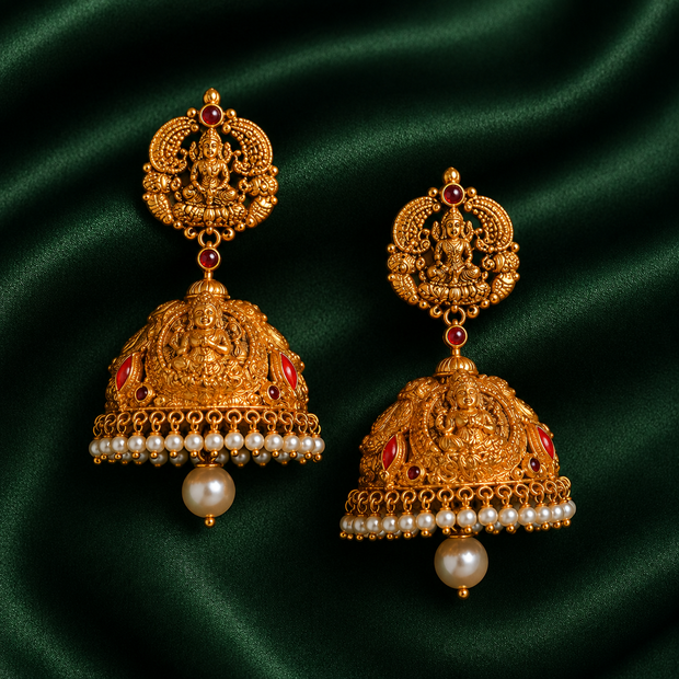 Gold Antique Lakshmi Temple Jhumka Earrings