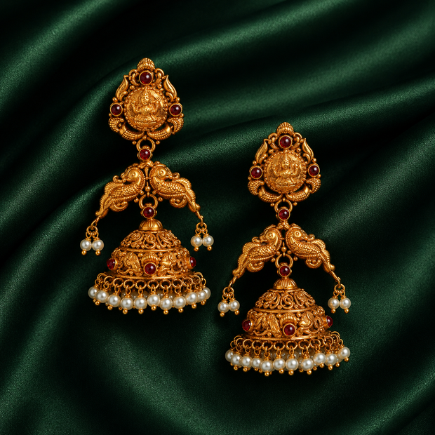 Royal Lakshmi Temple Gold Jhumka Earrings