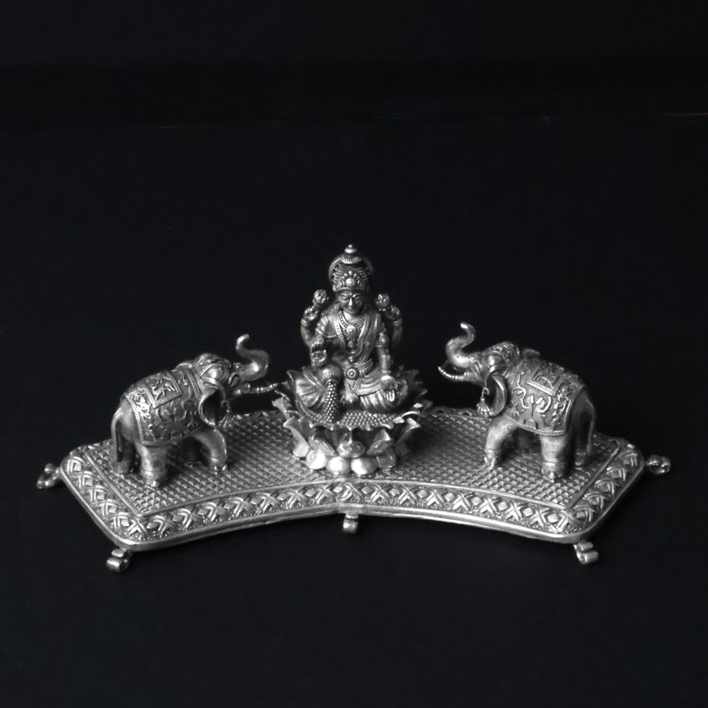 Traditional Silver Lakshmi Idol with Elephant Decorative Tray