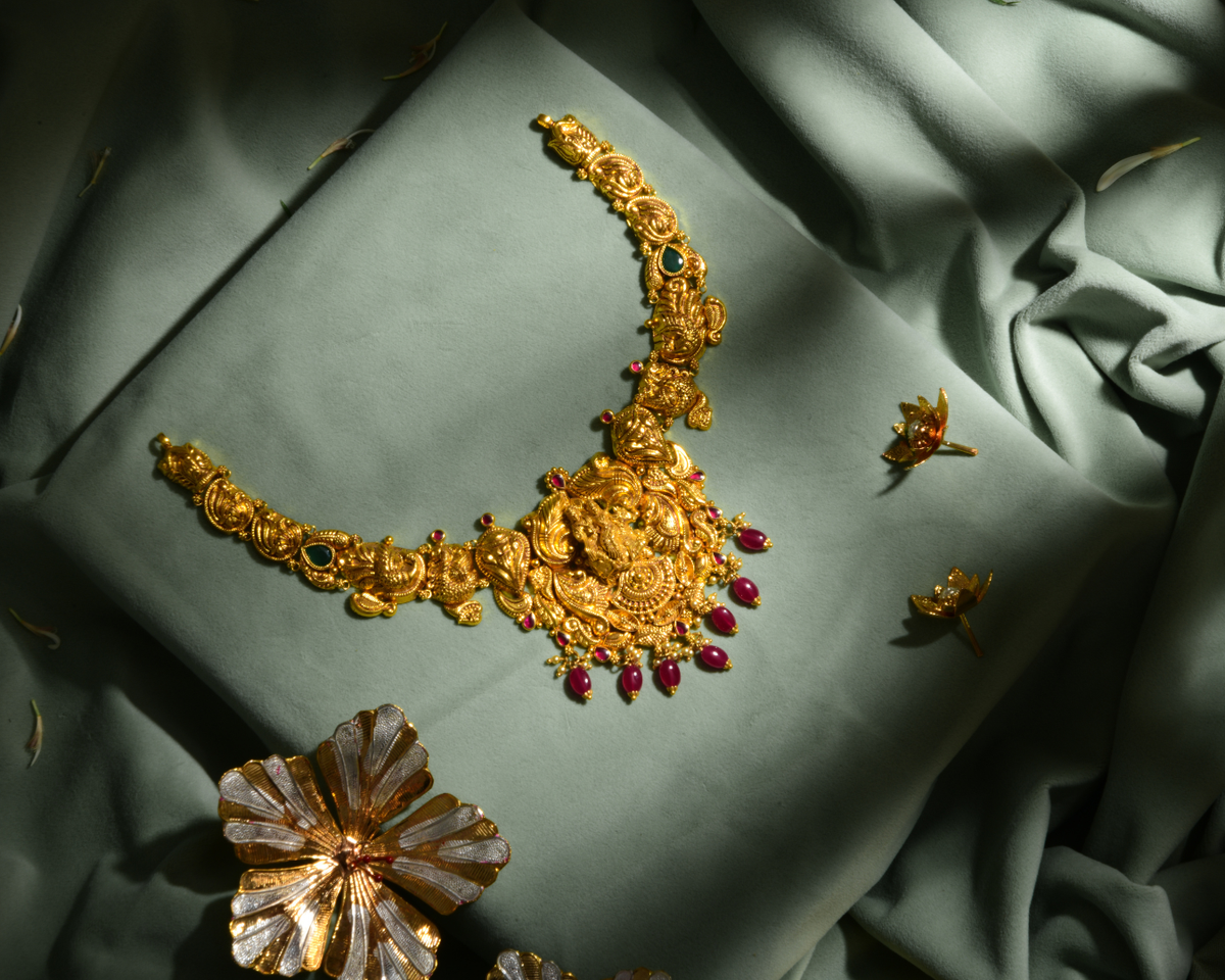 916 Hallmarked Gold Antique Lakshmi Temple Necklace with Ruby and Emerald Stones