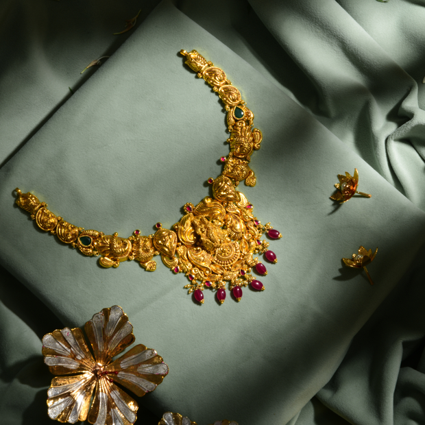 916 Hallmarked Gold Antique Lakshmi Temple Necklace with Ruby and Emerald Stones