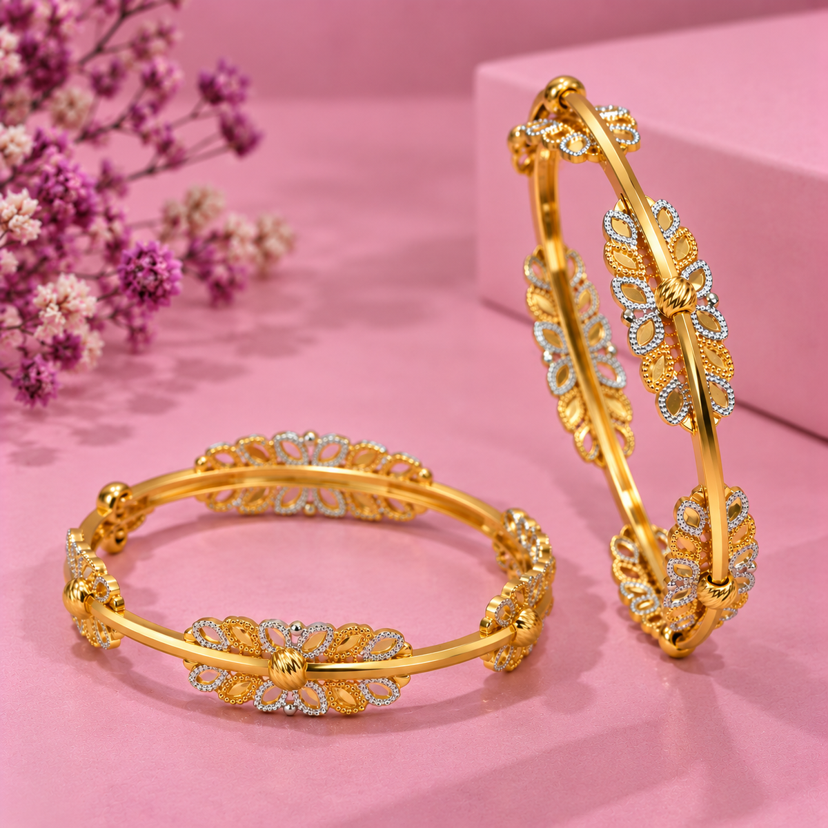 Two Tone Gold Bangles with Floral Design